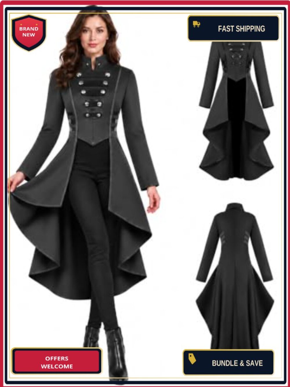 Women's Steampunk Renaissance Tailcoat Costume Knee Length Frock Jacket